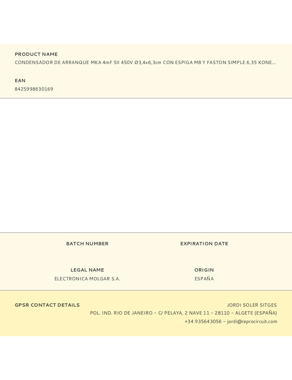 Condensador de arranque mka 4mf 5% 450v ø3,4x6,3cm con espiga m8 y faston simple 6,35 konek
