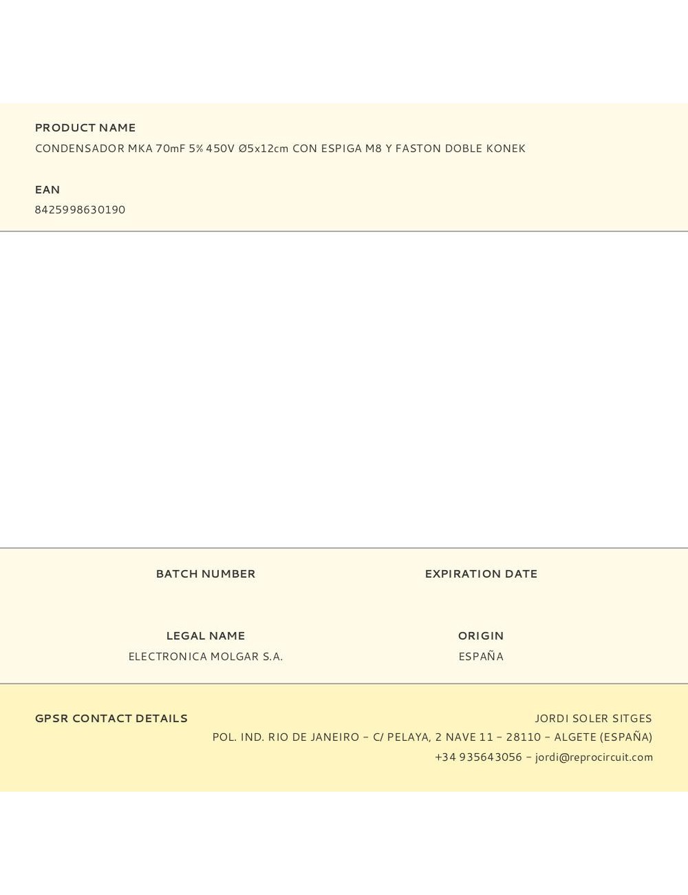 Condensador mka 70mf 5% 450v ø5x12cm con espiga m8 y faston doble konek