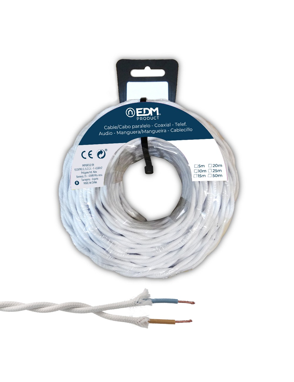 Carrete cable paralelo textil trenzado h05v-k 2 x 1,00 mm blanco, 25 m