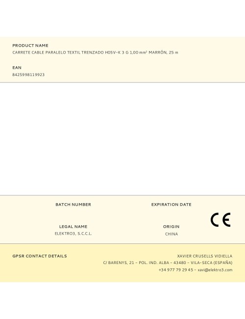 Carrete cable paralelo textil trenzado h05v-k 3 g 1,00 mm marrón, 25 m