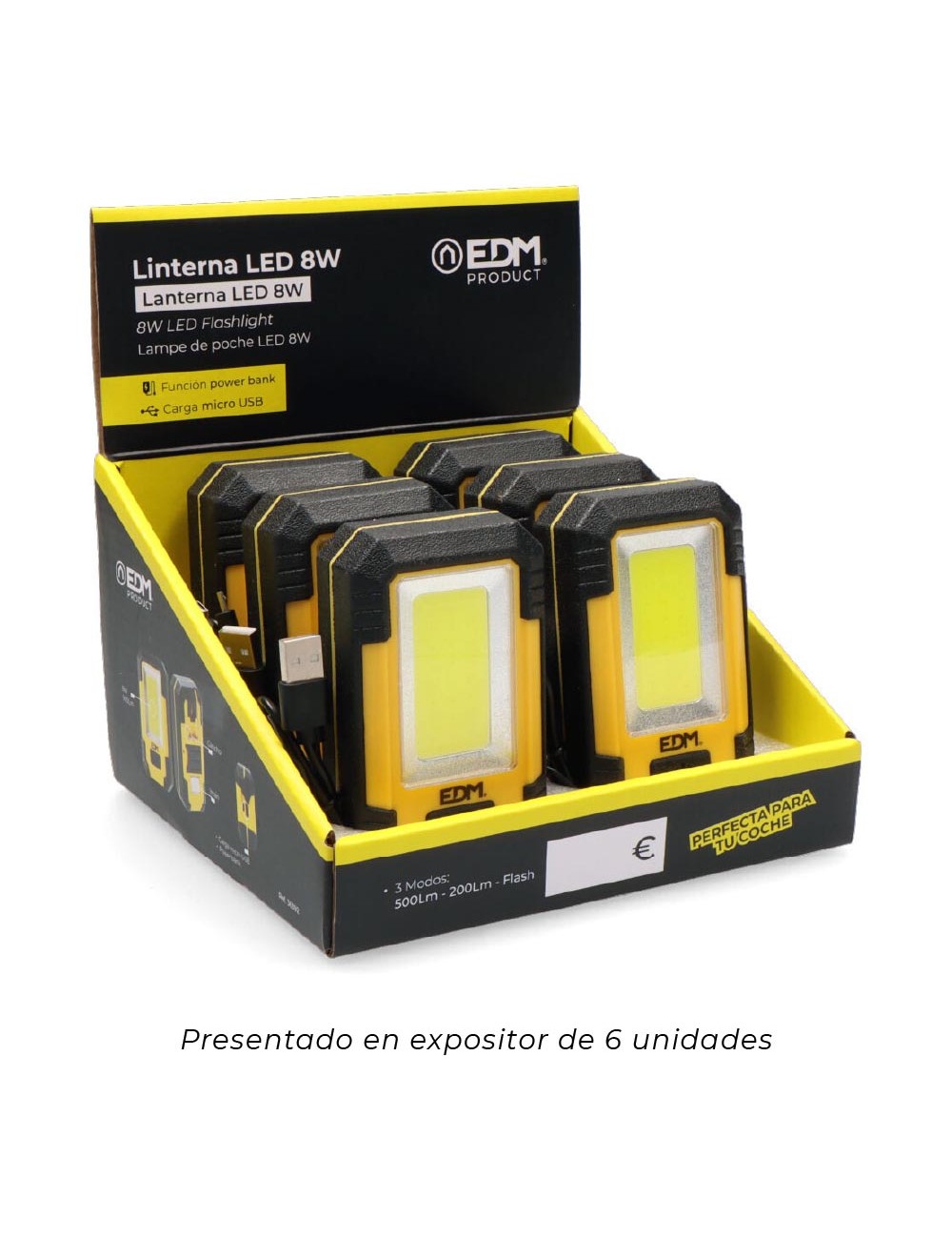 Linterna led 8w cob 450lm /130lm / flash 6.500k recargable con usb. funcion power bank. incluye cable de carga.