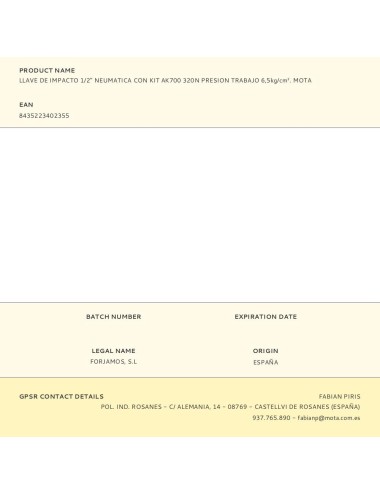 Llave de impacto 1/2" neumatica con kit ak700 320n presion trabajo 6,5kg/cm. mota