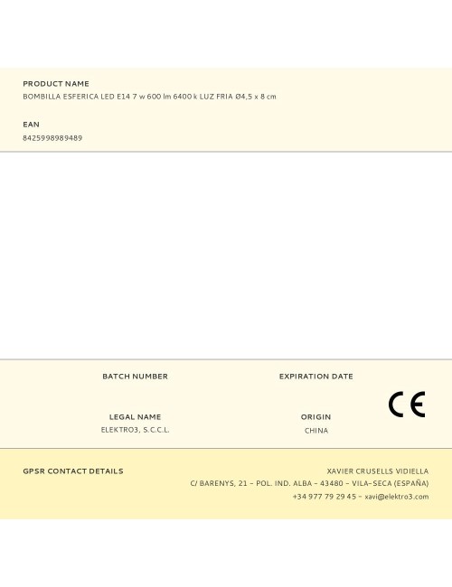 Bombilla esferica led e14 7 w 600 lm 6400 k luz fria ø4,5 x 8 cm