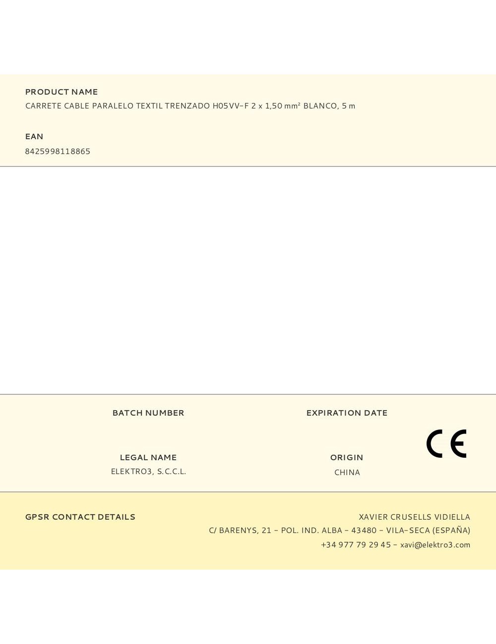 Carrete cable paralelo textil trenzado h05vv-f 2 x 1,50 mm blanco, 5 m