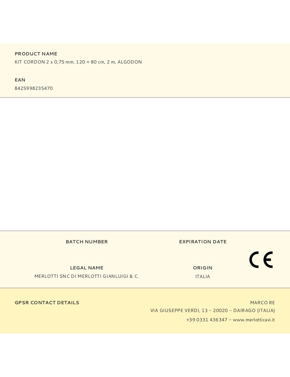 Kit cordon 2 x 0,75 mm, 120 + 80 cm, 2 m, algodon