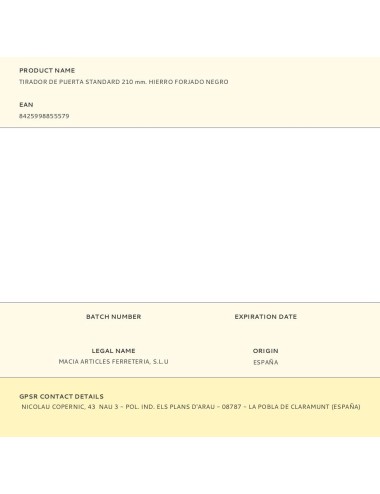 Tirador de puerta standard 210 mm. hierro forjado negro