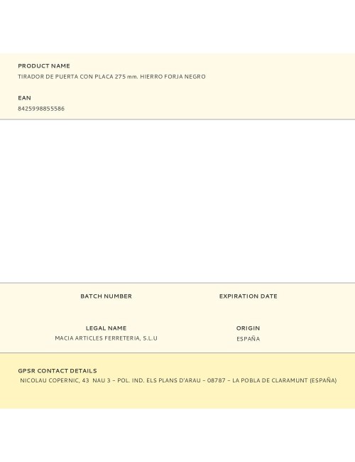 Tirador de puerta con placa 275 mm. hierro forja negro