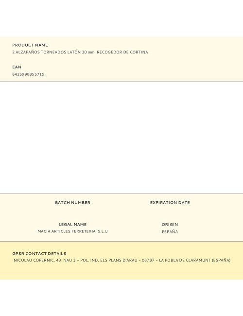 Alzapaños torneados latón 30 mm. recogedor de cortina, 2 uds