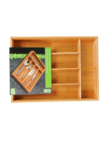 Organizador de cubiertos extensible de bambú con 6 compartimentos 35 x 25-39,2 x 4,5 cm