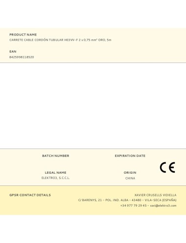 Carrete cable cordón tubular h03vv-f 2 x 0,75 mm oro, 5m