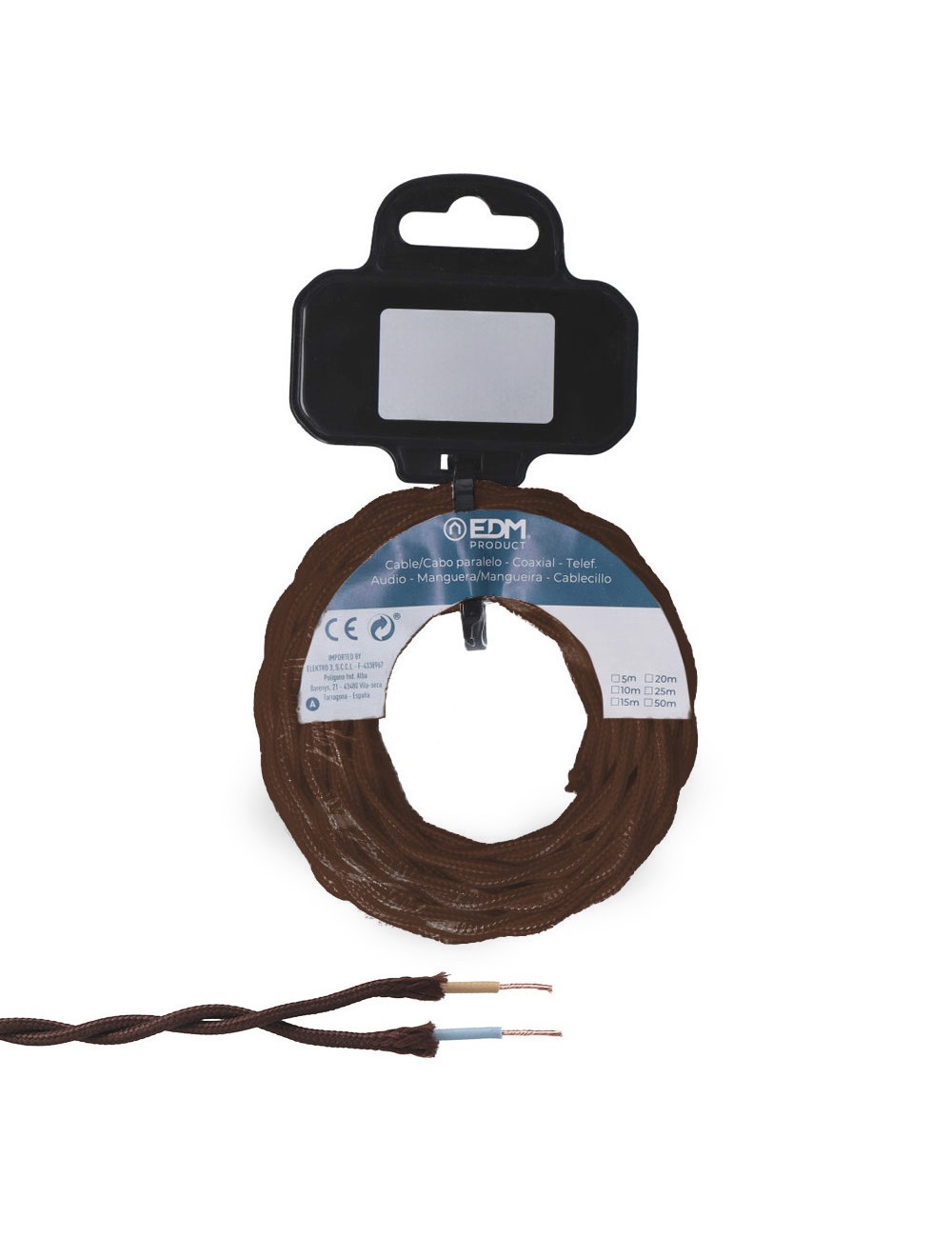 Carrete cable textil trenzado h03vv-f 2 x 0,75 mm marrón, 5 m