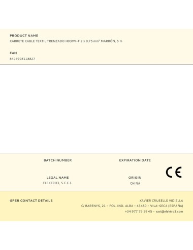 Carrete cable textil trenzado h03vv-f 2 x 0,75 mm marrón, 5 m