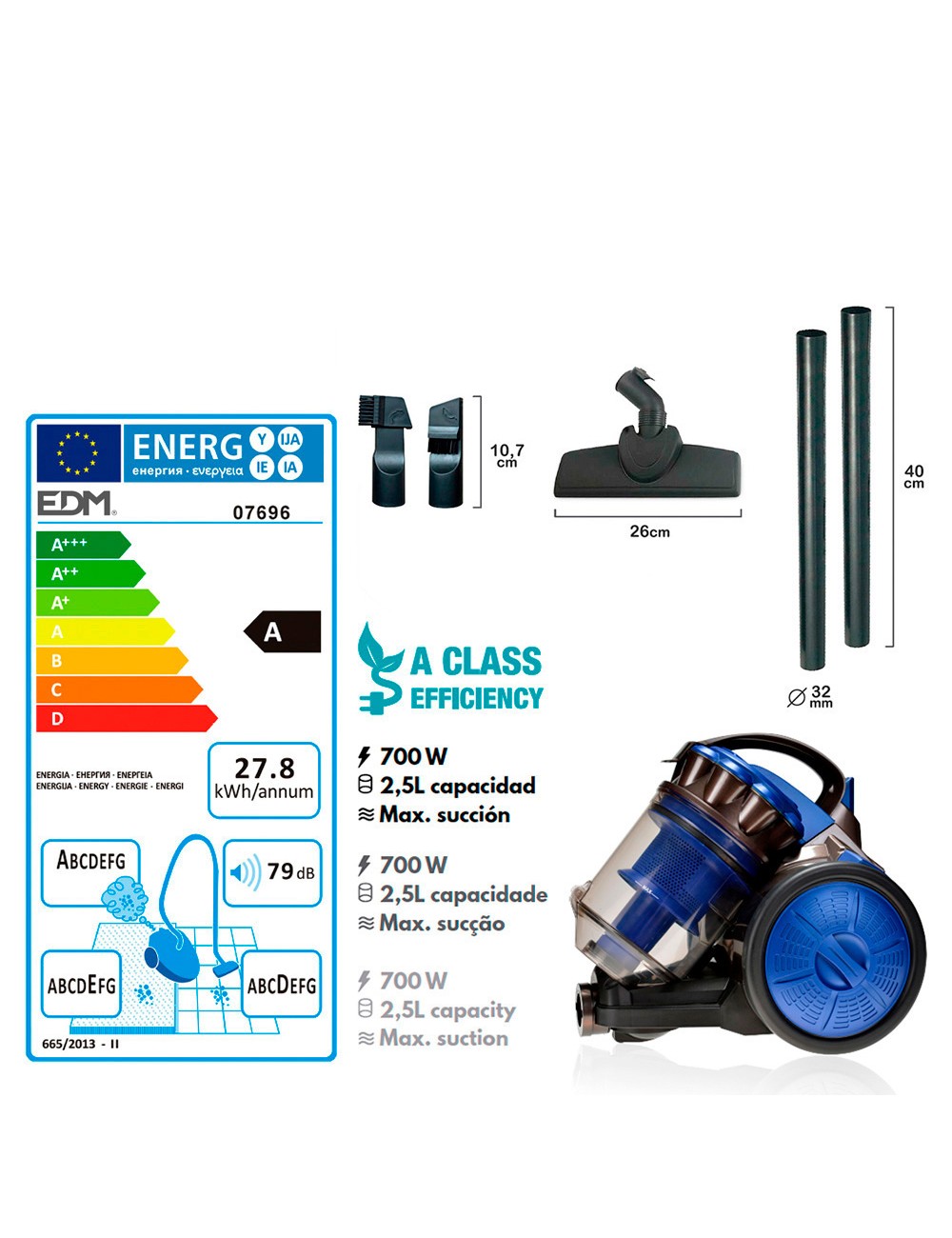 Aspiradora sin bolsa multiciclonico clase "a" 700 w 2,5 l