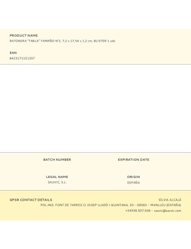 Ratonera "tabla" tamaño n°3, 7,2 x 17,54 x 1,2 cm, blister 1 uds