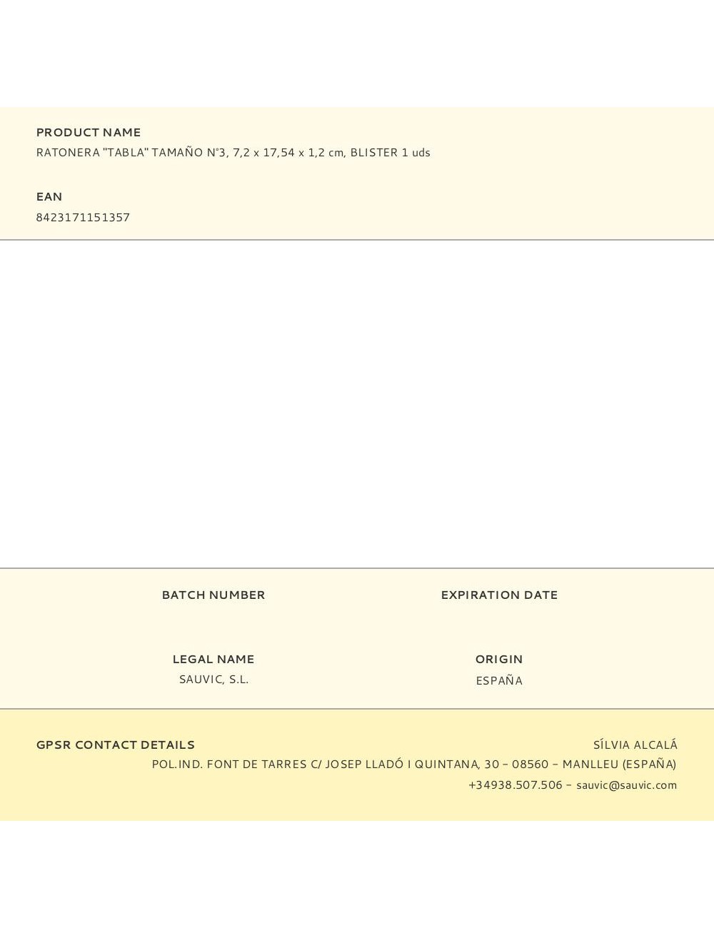 Ratonera "tabla" tamaño n°3, 7,2 x 17,54 x 1,2 cm, blister 1 uds