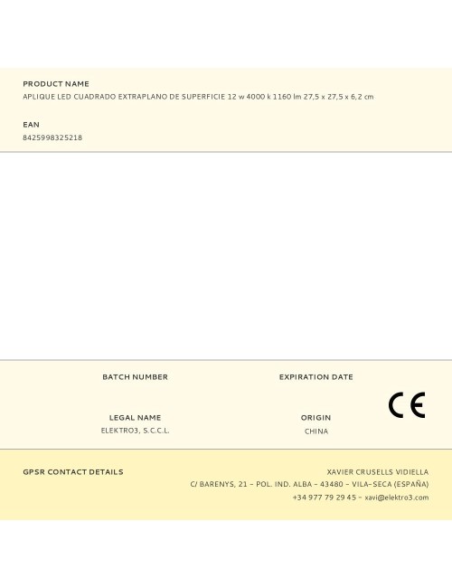 Aplique led cuadrado extraplano de superficie 12 w 4000 k 1160 lm 27,5 x 27,5 x 6,2 cm