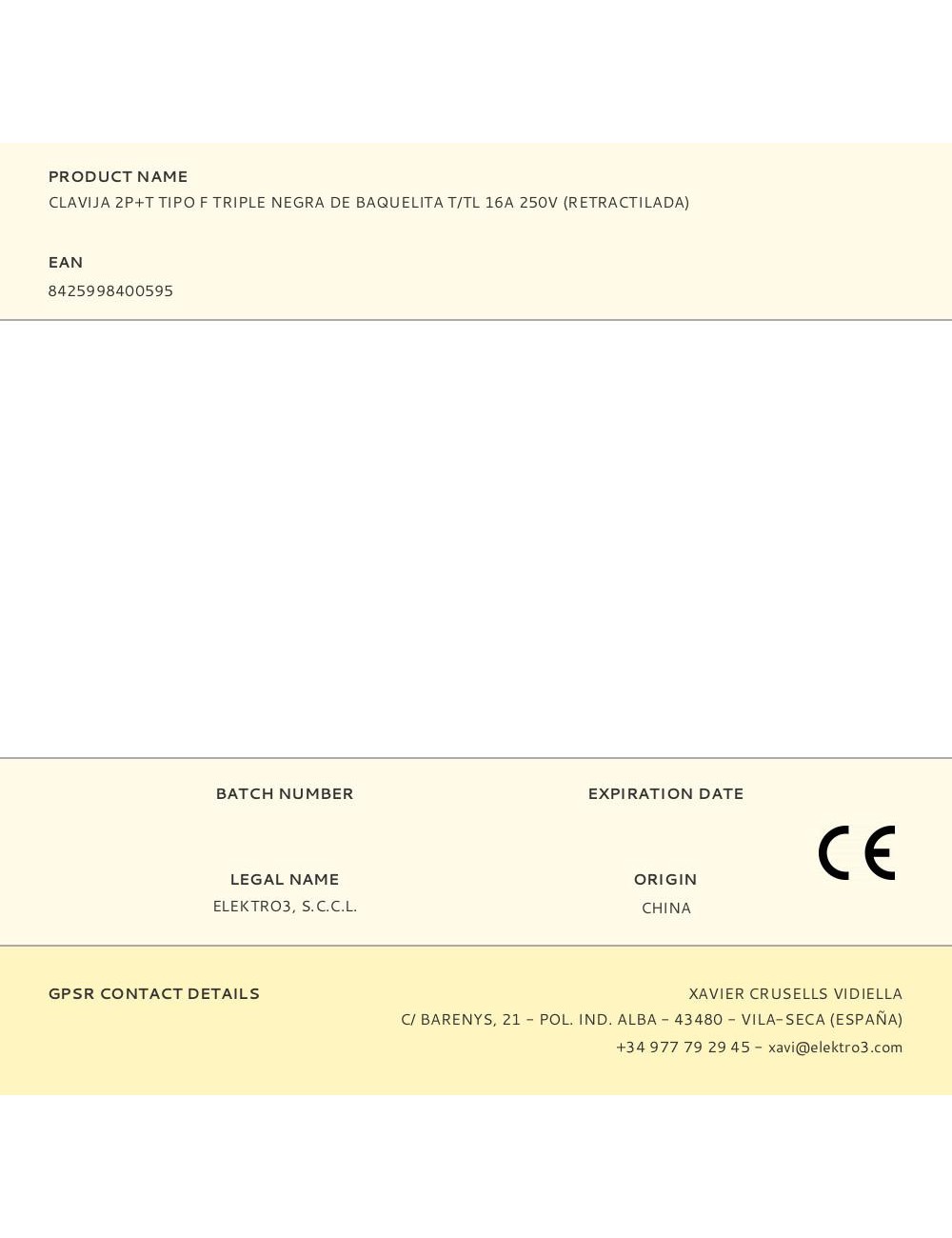 Clavija 2p+t tipo f triple negra de baquelita t/tl 16a 250v (retractilada)