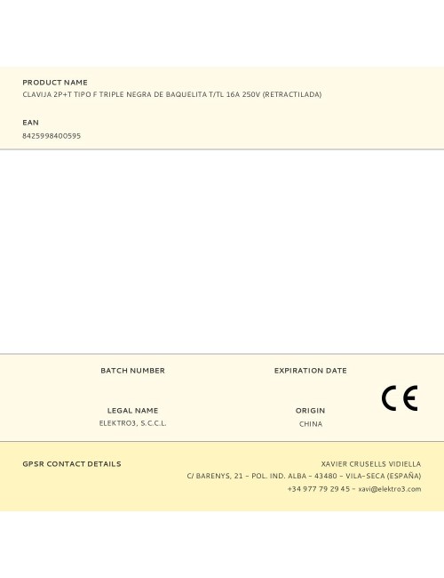 Clavija 2p+t tipo f triple negra de baquelita t/tl 16a 250v (retractilada)