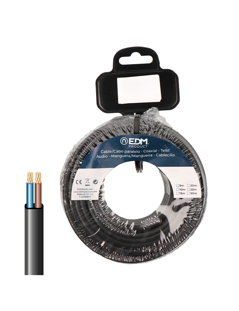 Carrete cable paralelo plano vvk(h2) 06/1kv 2 x 2,50 mm negra, 10 m