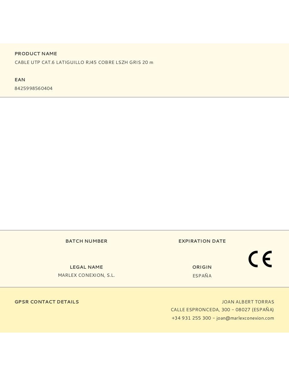 Cable utp cat.6 latiguillo rj45 cobre lszh gris 20 m