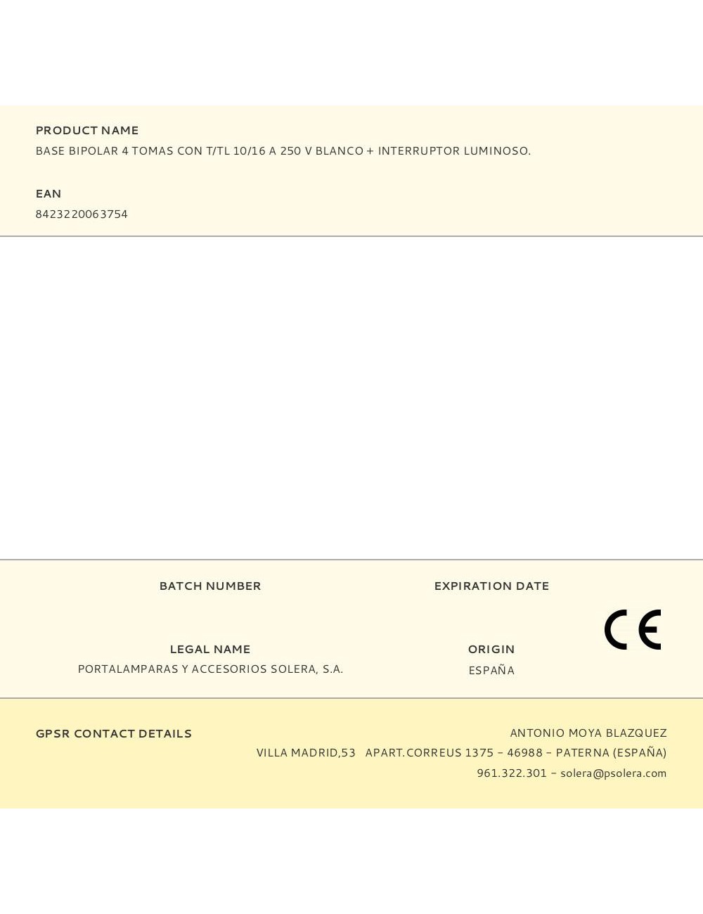 Base bipolar 4 tomas con t/tl 10/16 a 250 v blanco + interruptor luminoso.