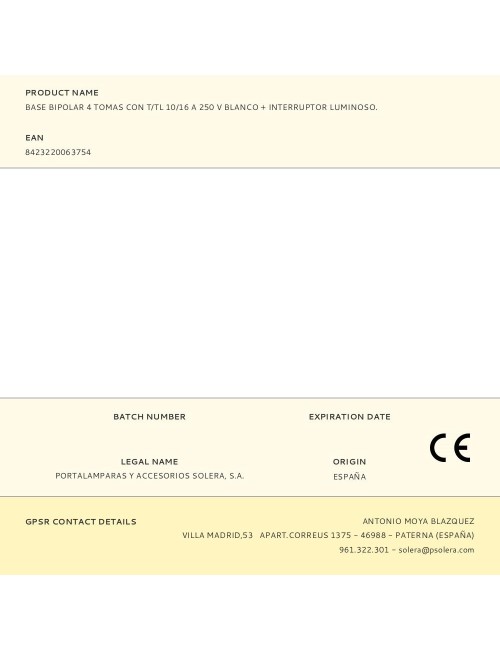 Base bipolar 4 tomas con t/tl 10/16 a 250 v blanco + interruptor luminoso.