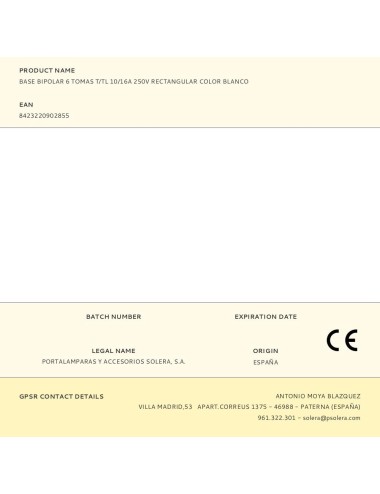 Base bipolar 6 tomas t/tl 10/16a 250v rectangular color blanco