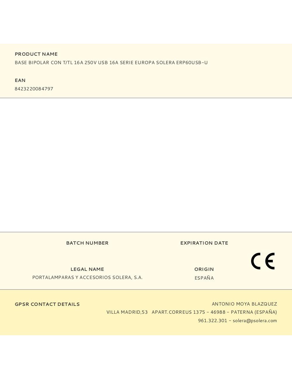 Base bipolar con t/tl 16a 250v usb 16a serie europa solera erp60usb-u