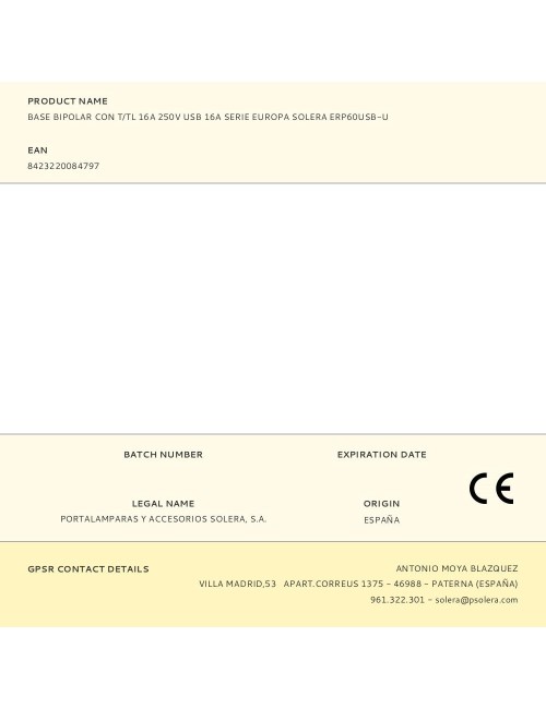 Base bipolar con t/tl 16a 250v usb 16a serie europa solera erp60usb-u