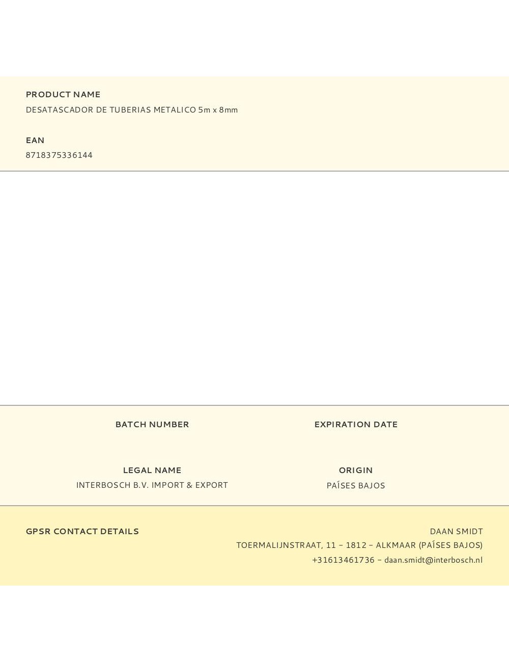 Desatascador de tuberias metalico flexible, 5 m x 8 mm