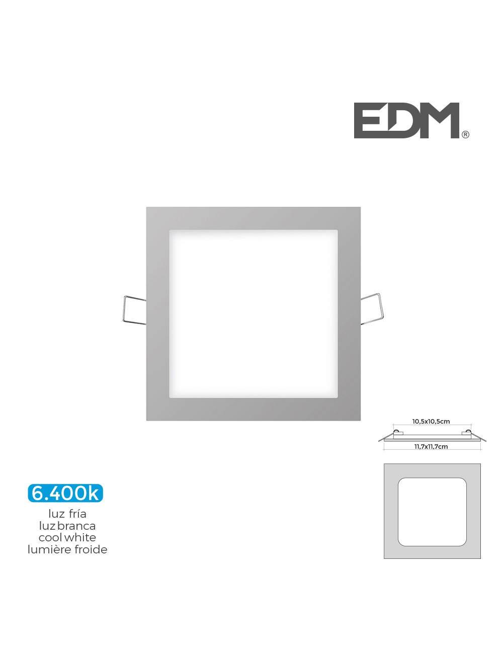 Mini downlight led empotrable cuadrado 6 w 6400 k luz fria color cromo 11,7 x 11,7 cm