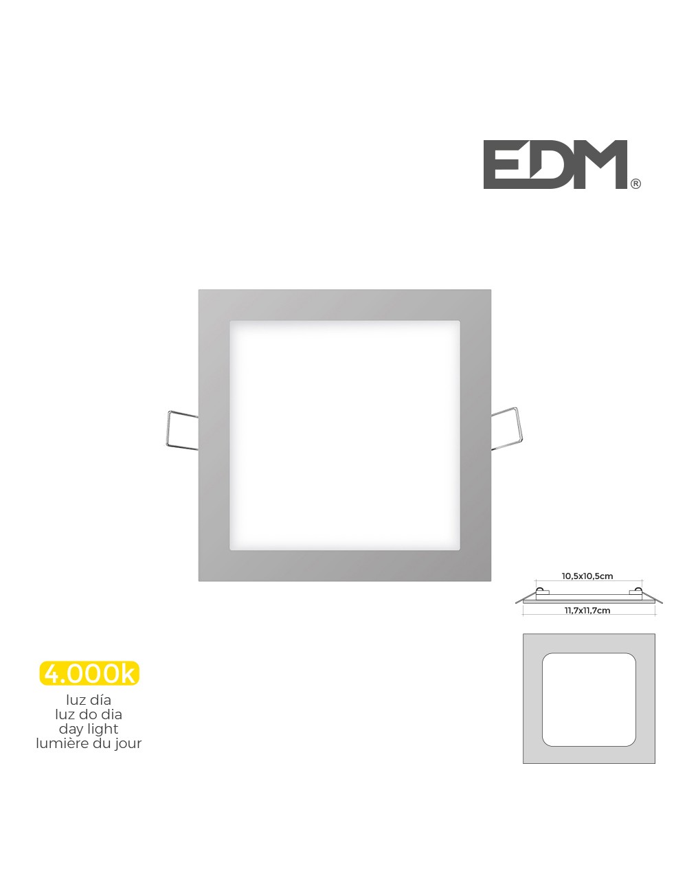 Mini downlight led empotrable cuadrado 6 w 4000 k luz dia color cromo 11,7 x 11,7 cm