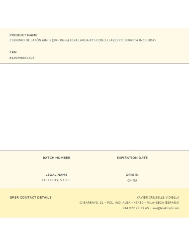 Cilindro de latón 60 mm (30+30 mm) leva larga r15 con 3 llaves de serreta incluidas