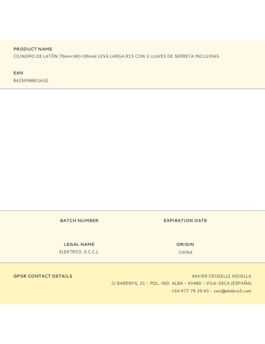 Cilindro de latón 70 mm (40+30 mm) leva larga r15 con 3 llaves de serreta incluidas