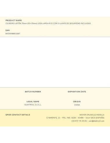 Cilindro latón 70mm (35+35mm) leva larga r15 con 5 llaves de seguridad incluidas