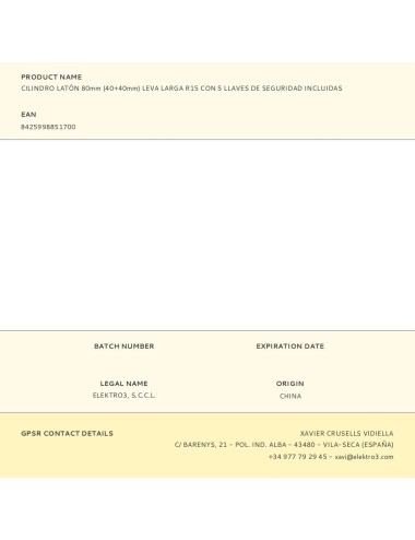 Cilindro latón 80 mm (40+40 mm) leva larga r15 con 5 llaves de seguridad incluidas