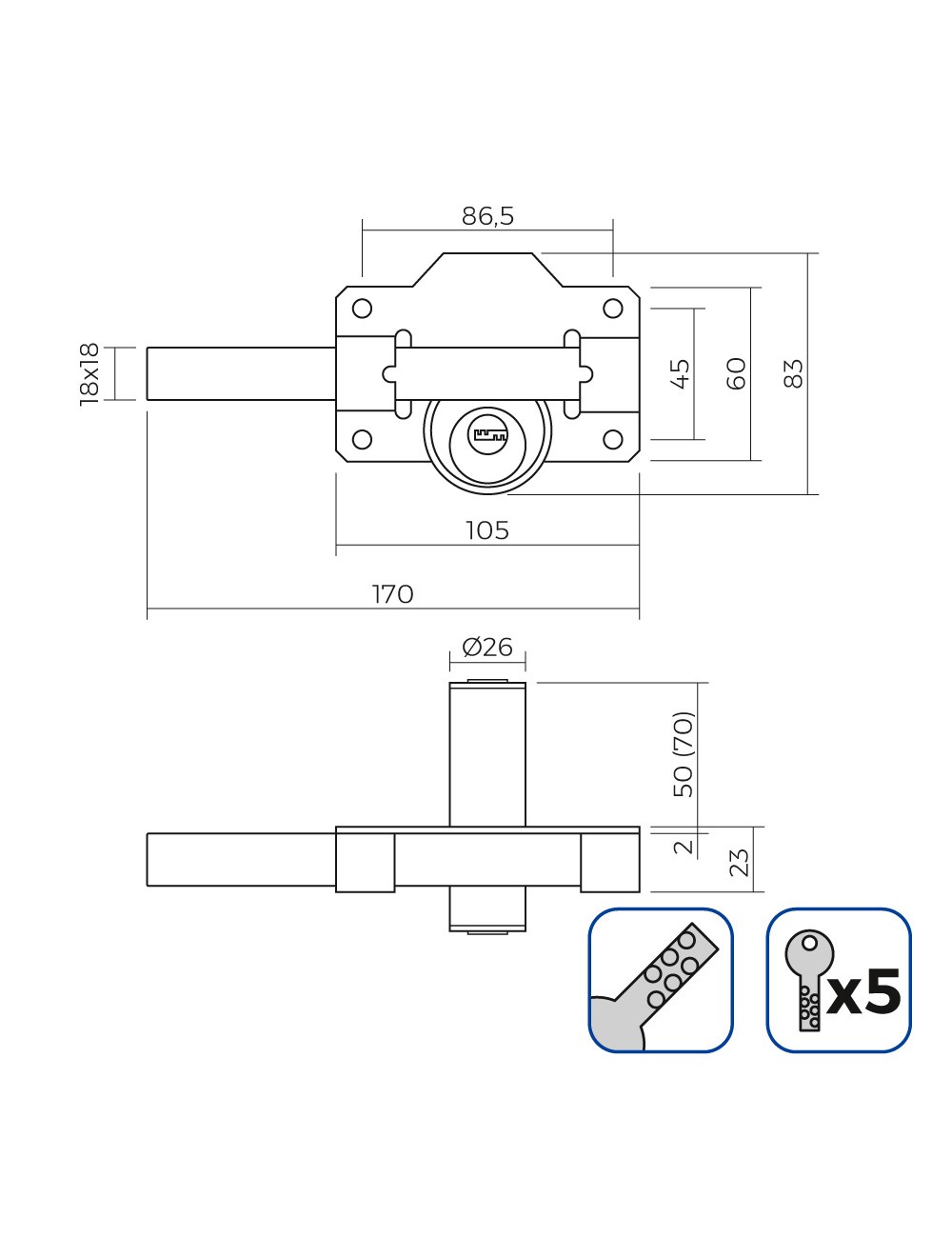 Cerrojo de seguridad color níquel incluye 5 llaves de seguridad