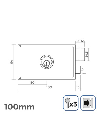 Cerradura derecha 100mm 3 llaves incluidas