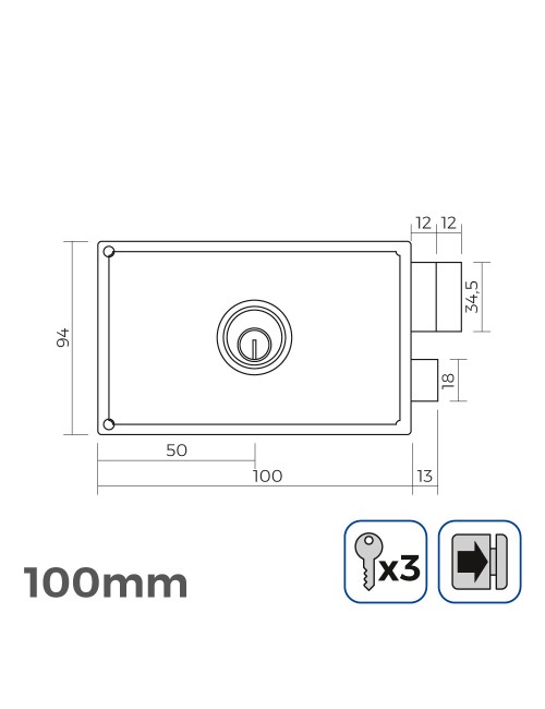 Cerradura derecha 100mm 3 llaves incluidas