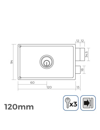 Cerradura derecha 120mm 3 llaves incluidas edm