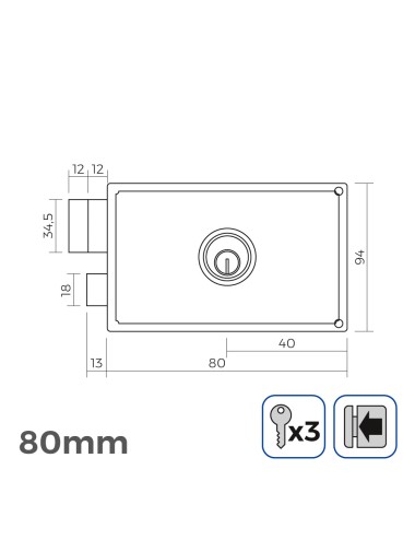 Cerradura izquierda 80 mm 3 llaves incluidas