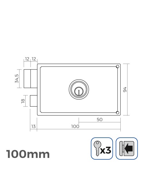 Cerradura izquierda 100mm 3 llaves incluidas