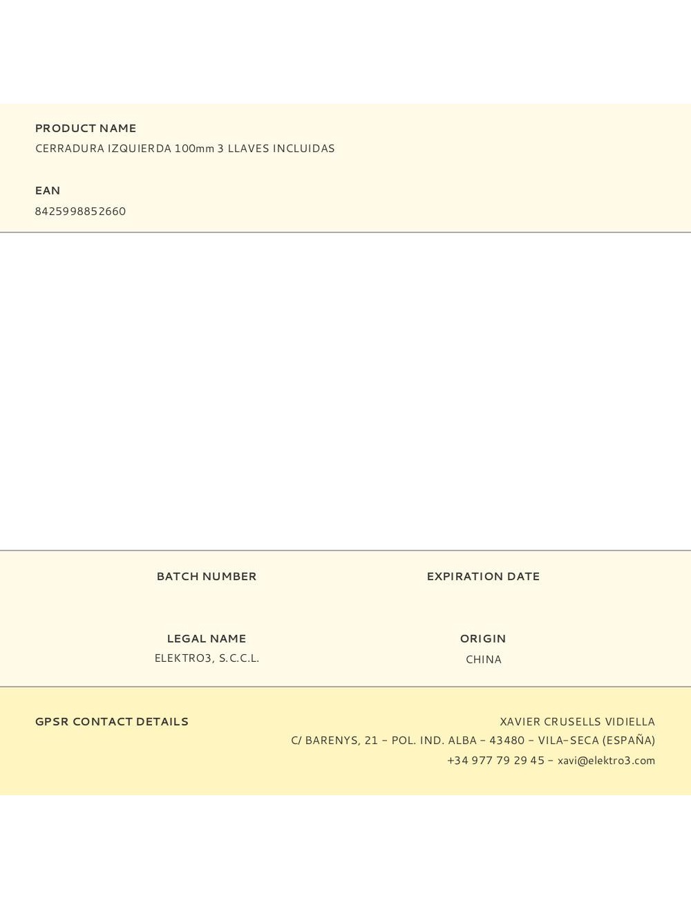 Cerradura izquierda 100mm 3 llaves incluidas