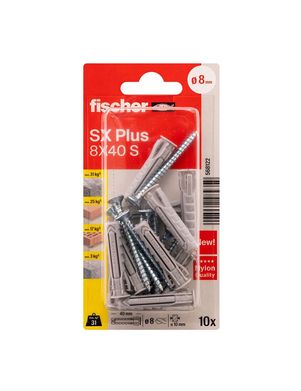 Tacos sx plus sk nv ø8 x 40 mm + tornillos ø5 x 55 mm, blister 10 uds