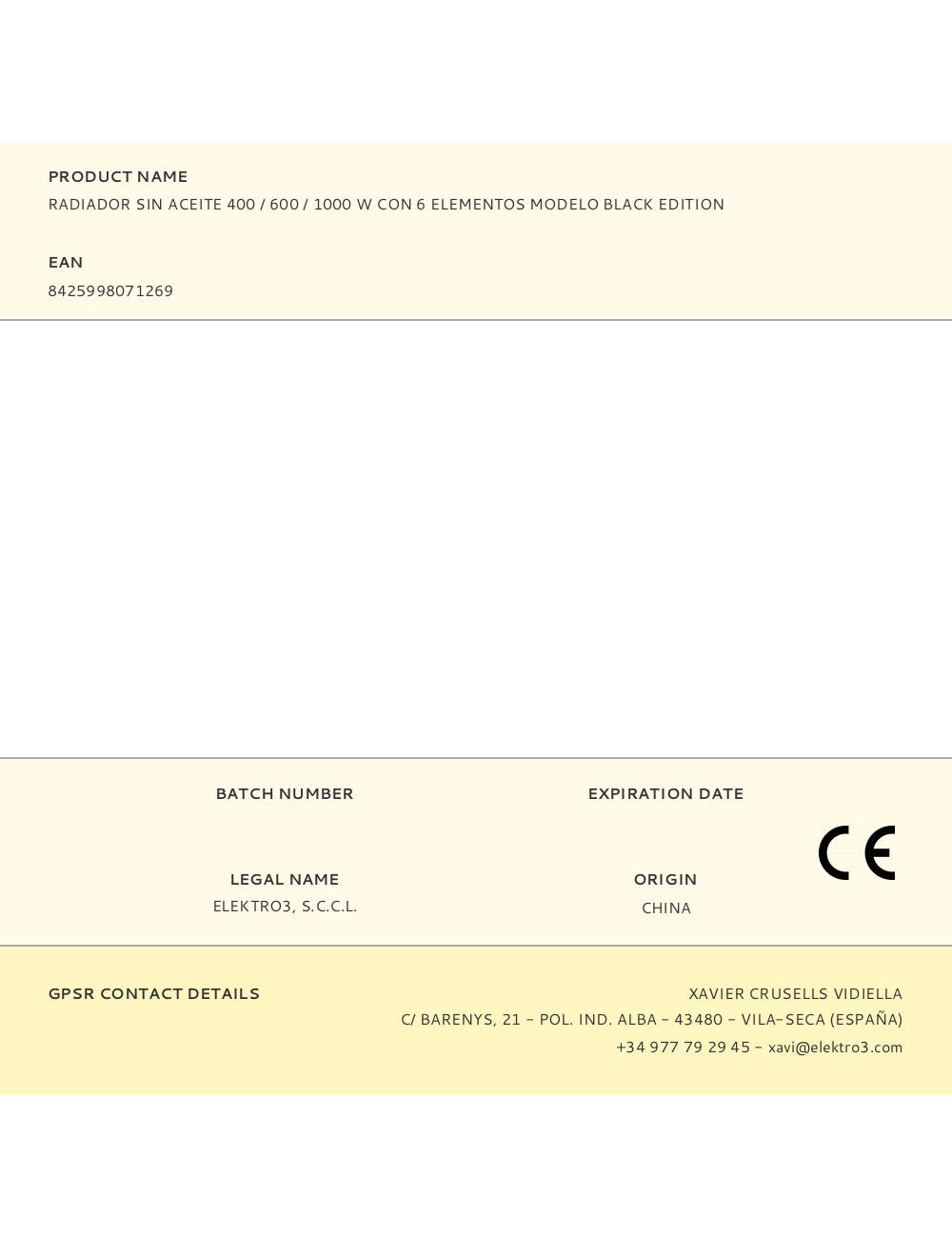 Radiador sin aceite 400 / 600 / 1000 w con 6 elementos modelo black edition