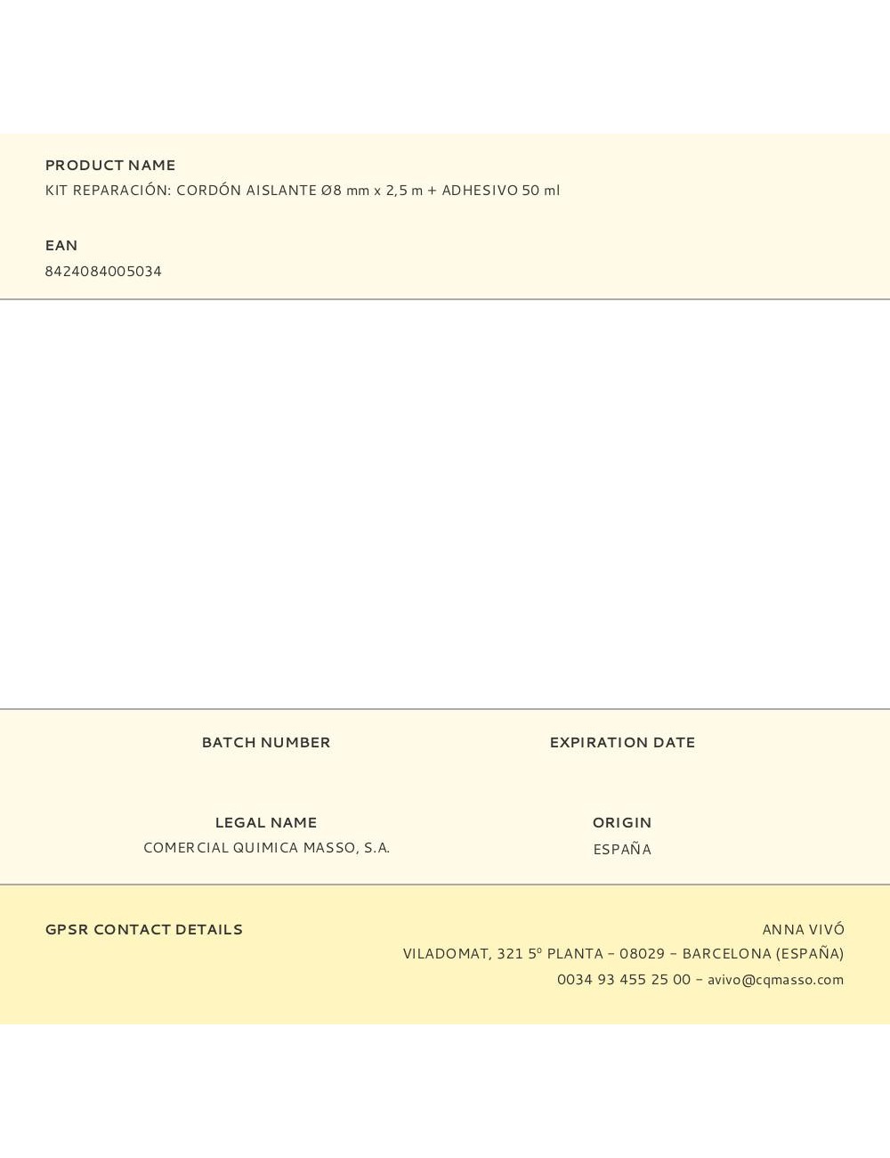 Kit reparación: cordón aislante ø8 mm x 2,5 m + adhesivo 50 ml