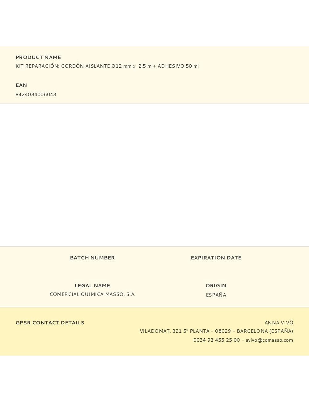 Kit reparación: cordón aislante ø12 mm x 2,5 m + adhesivo 50 ml