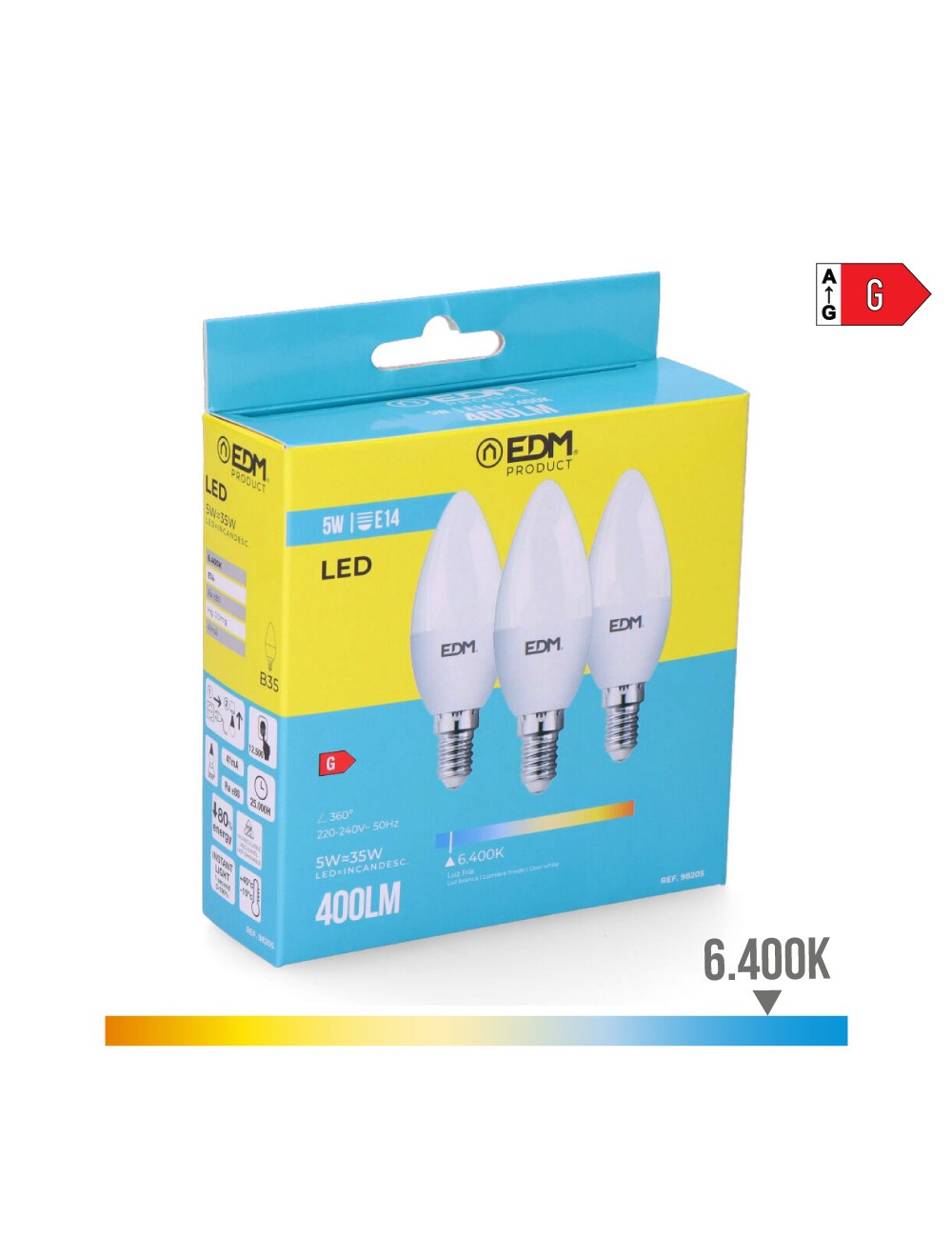 Kit 3 bombillas vela led e14 5 w 400 lm 6400 k luz fria ø3,6 x 10 cm