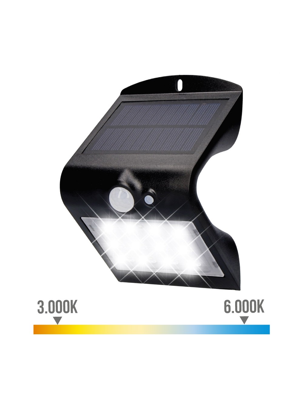 Aplique solar 1,5w 220lm recargable. sensor de presencia (2-6m) color negro 9,6x7,3x14cm edm