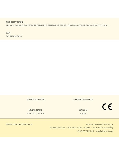 Aplique solar 1,5w 220lm recargable. sensor de presencia (2-6m) color blanco 9,6x7,3x14cm edm